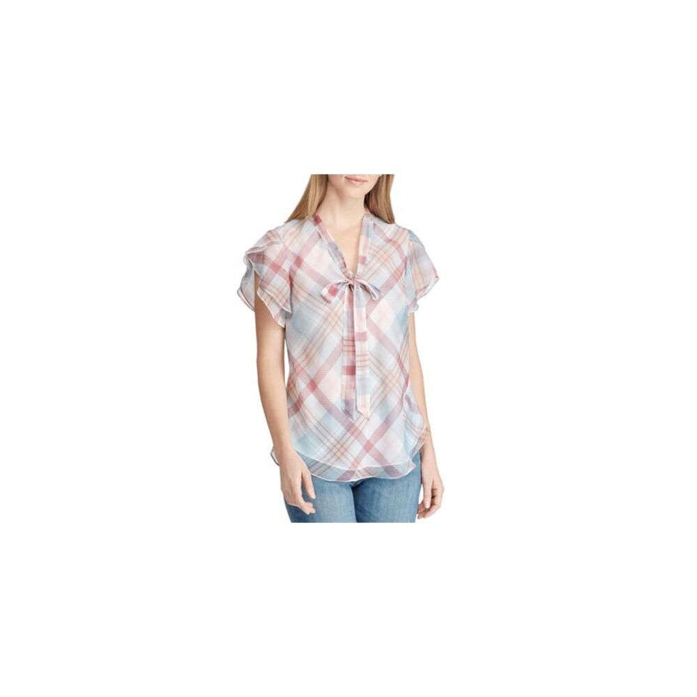 RALPH LAUREN Womens Plaid Short Sleeve Tie Neck Top